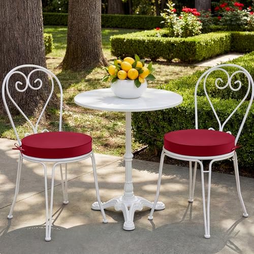 Summsun Outdoor Bistro Chair Cushions Set of 2, 15" D x 3" H Round Chair Cushions Waterproof and Fade Resistant Chair Cushion Pads with Non-Slip Ties and Removable Covers for Garden, Burgundy - color: Red, size: 15x3 Inch (Round)-2p