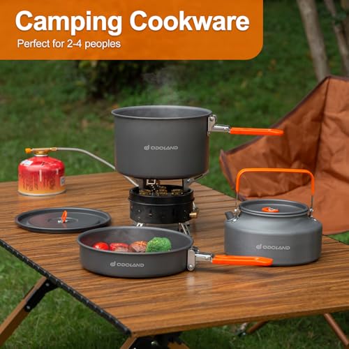 Odoland Camping Cookware Mess Kit, Camping Cooking Pot Fry Pan and 1.1L Kettle Set, Portable Camping Cookware Set with Mesh Bag for Camping, Backpacking, Outdoor Cooking and Picnic - size: 4L Pot + 1.5L Fry Pan + 2.0L Kettle