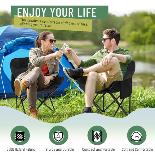 2 Pack Compact Camping Chairs Portable Folding for Outside with Carry Bag Lightweight Moon Chairs for Travel Picnic Hiking Beach Fishing, 600D Oxford, Supports 330lbs(Black) - color: Black