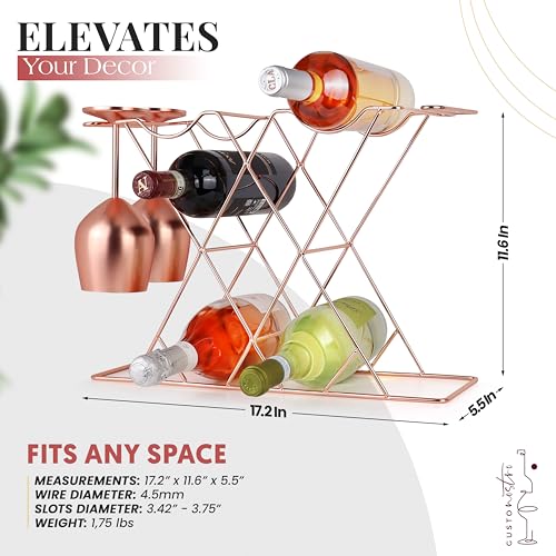 Gusto Nostro Countertop Wine Rack with Glass Holder for 8 Bottles & 4 Glasses, Small Modern Tabletop Wine Rack - No Assembly Wine Holder Stand for Home Kitchen Cabinet Wine Cellar Storage (Rose Gold) - color: Rose Gold, size: 8 Bottles