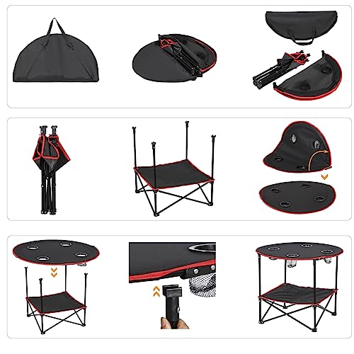 SUPER DEAL Portable Folding Picnic Camping Table with Storage Bag and 4 Cupholders, 2-Tiers Round Outdoor Camping Beach Table, Black