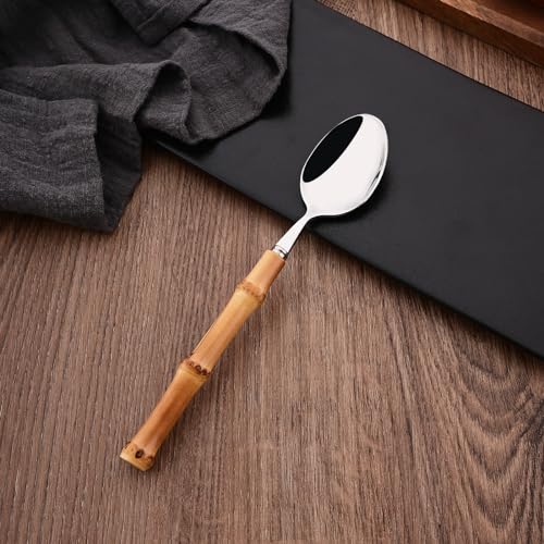 8-Piece Bamboo Handle Dinner Spoon Set, Stainless Steel Spoons for Kitchen Home and Restaurant, Mirror Polished, 8.03 inch - color: 8-Piece Dinner Spoon