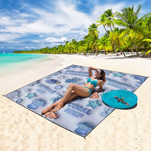 WIWIGO Beach Blanket Waterproof Sandproof Beach Mat 79" X 83"/10'x9'for 2-8 Adults Quick Drying Outdoor Picnic Mat Beach Accessories for Travel, Camping, Hiking - color: 3d - Ocean Light Blue, size: 79" X 83"（1-4person）