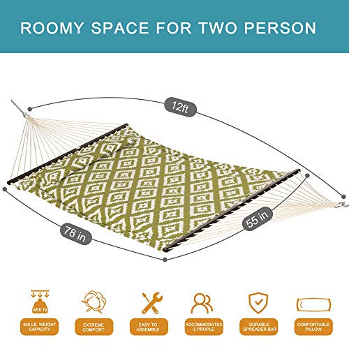 Lazy Daze Hammocks 12FT Quilted Fabric Hammock with Soft Pillow, Double 2 Person Tree Hammock with Spreader Bar for Outside Patio Poolside Backyard Beach, 450 lbs Capacity, Green Geometric - color: Green Geometric