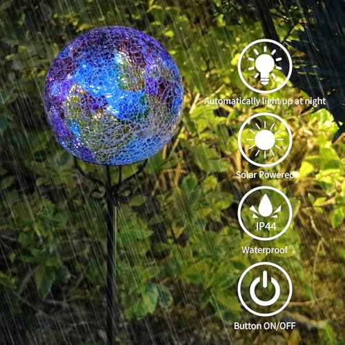 VCUTEKA Solar Outdoor Lights Garden Decor Mosaic Solar Garden Lights Waterproof Glass Ball LED Pathway Stake Light for Landscape Lawn Patio Yard Decoration 6 inch, Purple - color: Purple