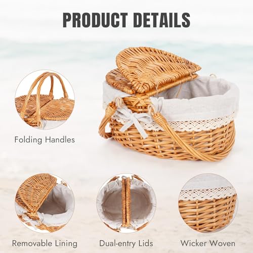 Happypicnic 12" Picnic Basket - Small Wicker Basket with Foldable Handle Lid & Removable Liner | Cute Picnic Basket Toy Empty for Kids, Gift, Halloween, Christmas, Valentines, Easter, Birthday, Solid - color: Solid, size: Small