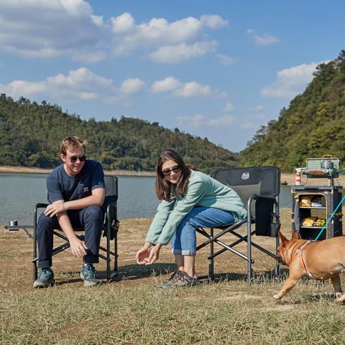 TIMBER RIDGE Lightweight Oversized Camping Chair, Aluminum Directors Chair with Side Table for Outdoor Camping, Lawn, Picnic and Fishing, Supports 400lbs, Black 2PCS - color: Black