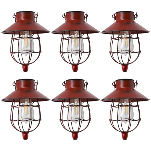YAKii 6 Pack Solar Lantern Hanging Waterproof Outdoor Metal Solar Lamp with Warm White Light Decorate for Yard Garden Pathway Patio Porch (Red) - style: Red-6 pack