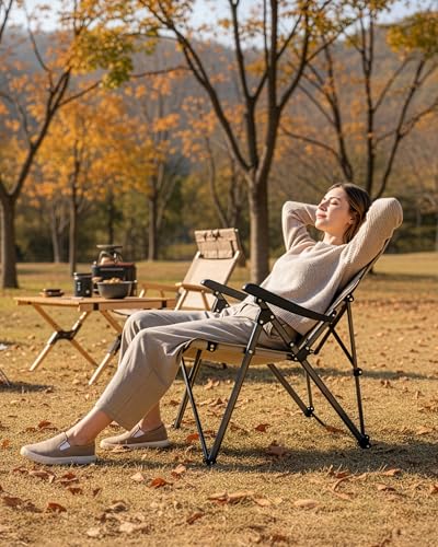 KingCamp Folding Camping Chair Adjustable 3-Position, Reclining Outdoor High Back Camp Chair with Hard Armrests, Heavy Duty Portable Chair, Dual-Layer Padded Seat & Storage for Camping, Lawn, Backyard - color: 1 Pack-khaki/Coffee-3-level Adjustment