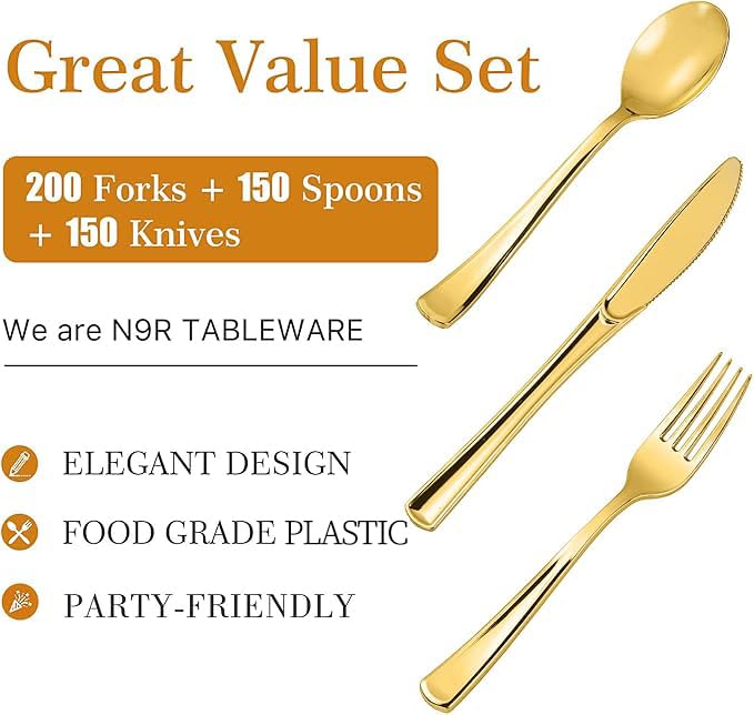 N9R 500PCS Gold Plastic Silverware - Gold Plastic Cutlery Set Disposable Flatware Dinnerware -200 Forks, 150 Spoons, 150 Knives for Party, Birthday, Wedding Utensils - color: Gold-500Pack
