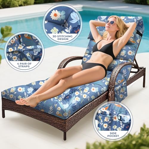 Outdoor Chaise Lounge Chair Cushion, Waterproof Outdoor Chair Cushions for Patio Furniture, 71 x 21 x 4 Inches Replacement Chaise Lounge Cushion with Ties (Blue Flower) - color: Black Flower