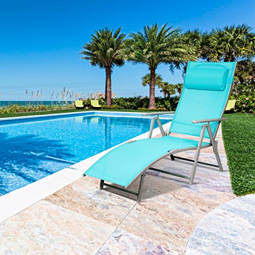 Tangkula Outdoor Folding Chaise Lounge Chair, Lightweight Recliner Chair w/ 7 Adjustable Backrest Positions, Patio Reclining Beach w/Removable Cushion & Pillow for Patio Poolside No Assembly Required - color: Turquoise