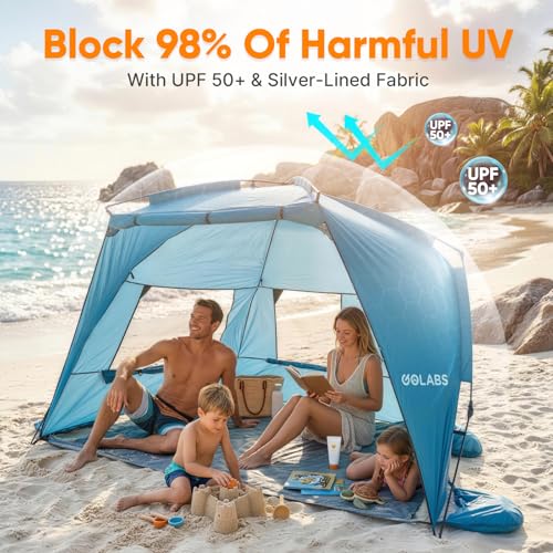 Golabs BT1 Pop up Beach Tent Sun Shelter for 3-Person, 1-Minute Setup by Pre-Attached Pole & UPF 50+, Beach Shade with Detachable Floor Mat, Mesh for Clear View & Airflow, only 7 lbs & Pocket and Hook - color: BLUE