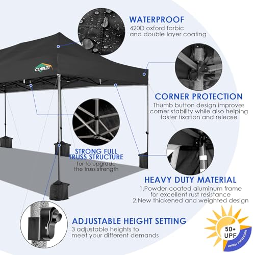 COBIZI 10x30 Heavy Duty Pop up Canopy Party Tent for Parties Weddings Events UPF 50+ Waterproof Commercial Gazebo with Roller Bag, Black(Frame Thickened) - color: Black, size: 10x30 Without Sidewall
