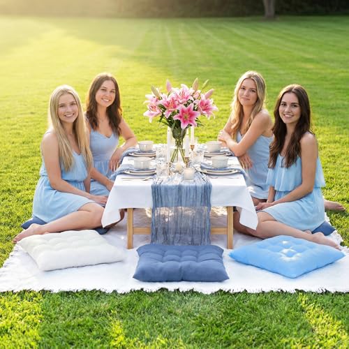 Extra Large Outdoor Picnic Blanket with Table Runner and Floor Pillow Cushion for Picnic Wedding Birthday Baby Shower Backyard(91 x 71'',Blue,White,6-Person) - color: Blue,white