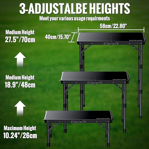 GARLLEN Folding Camping Table with Waterproof Plastic Tabletop, Portable Folding Picnic Table with 3-Adjustable Height, Aluminum Frame Outdoor Table for BBQ, Camping, Indoor Use, 22.8" L x 15.7" W - color: Black