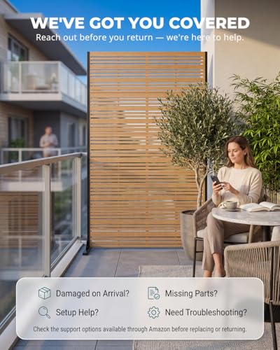 6FT Outdoor Privacy Screen | 37lb Heavy-Duty Metal Fence Panel, Freestanding with Expansion Anchors | Rust-Resistant Powder-Coated, Louvered Faux Wood — Patio, Balcony, Pool, Deck (72" H×47" W) - color: Matte teak color