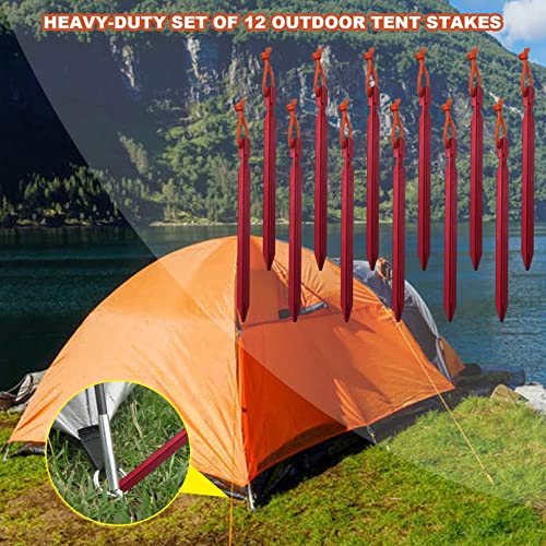 12 Pack Tent Stakes, 7075 Ground Metal Camping Aluminum Tent Pegs, Lightweight Tent Stakes Heavy Duty Spikes Camping Accessories - color: Red