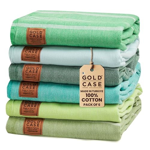 Gold CASE LYCIA Turkish Beach Towel Set of 6 – 100% Cotton Turkish Beach Towels Bulk 70 x 38'' – LYCIA Oversized, Quick Dry & Sand Free Beach Towel – Lightweight Towels Set in Tones of Green - color: Tones of Green, style: Beach-Bath Towel Set