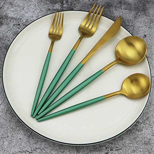 Green Handle Matte Gold Silverware, Gugrida 5-Piece 18/10 Stainless Steel Flatware Set, Kitchen Utensils, Tableware Travel Cutlery for Camping Office Lunch, Satin Finish, Dishwasher Safe - color: Green Handle Gold, size: Service for 1