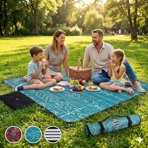 Wacho Beach Blanket Waterproof Sandproof and Picnic Blanket - Large Outdoor Blanket for Camping, Beach & Travel - Foldable Picnic Mat with Carry Bag, Lightweight Gingham Outdoor Rug - Beach Essentials - color: Green