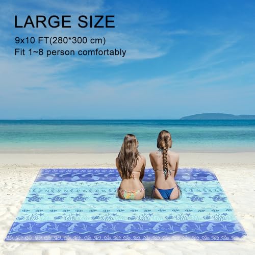 Beach Blanket Waterproof Sandproof Oversized 9 Ft X 10 Ft Sand Free Extra Large Beach Mat with 4 Corner Pockets and Stakes Lightweight Portable for Beach Picnic Travel Camping Outdoor - color: Marine Life, size: 9 X 10 FT(1-8 Person)