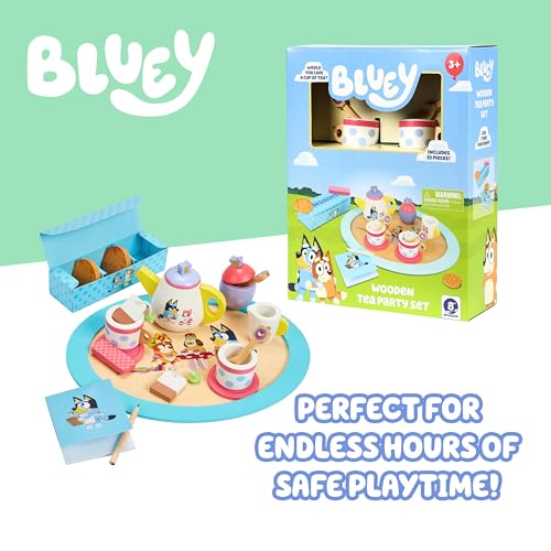 8th Wonder Bluey Toys Wooden Tea Party Set, 18-Piece Durable Toy Tea Set with Tray, Teapot, Teaspoons, and More, Pretend Play for Toddlers of Ages 3+ - style: Tea Party Set