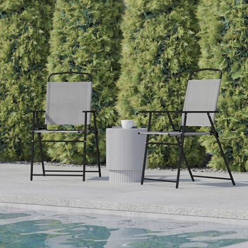 Flash Furniture Mystic Folding Patio Sling Chairs, Outdoor Textilene Lawn Chairs with Armrests, Set of 2, Gray - color: Grey