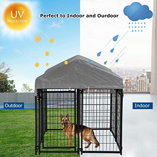 PayLessHere Welded Wire Dog Kennel Heavy Duty Playpen Included a Roof & Water-Resistant Cover Outdoor Heavy Duty Galvanized Metal Animal Pet Enclosure for Outside (4 x 4 x 4.3 Ft) - size: 47.0"L x 47.0"W x 53.0"H