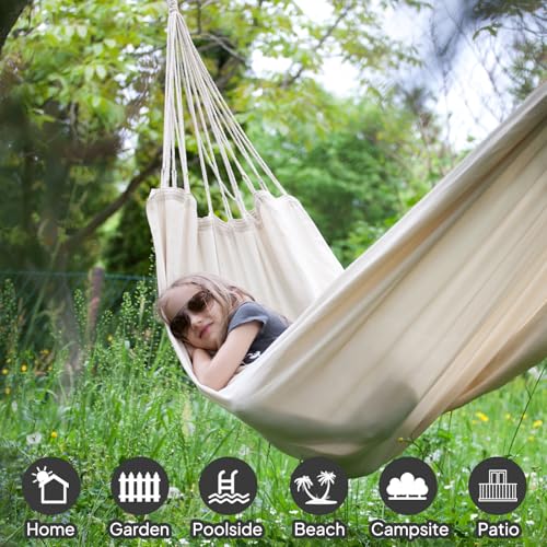 ANYOO Cotton Hammock Portable Camping Hammocks for Hanging Sturdy Garden Comfortable Fabric Hammock with Tree Straps Up to 660lbs with Travel Bag for Camping Outdoor/Indoor Patio Backyard - color: White