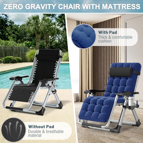 ABORON Zero Gravity Chair,Premium Outdoor Lawn Folding Lounge Chairs,Sturdy Adjustable Reclining Patio Chairs with Removable Cushion,Headrest & Tray - color: Navy Blue