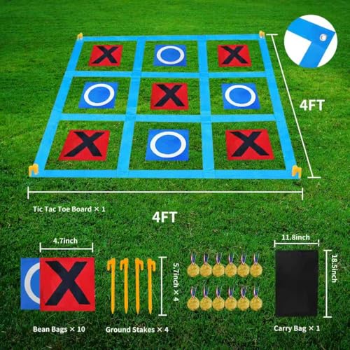 Nattork Outdoor Giant Tic Tac Toe Game for Kids Adult Family, Large Outside Lawn Yard Backyard Carnival Field Day Game, Birthday Party Family Reunion Games Playground - color: RED AND BLUE 4*4FT