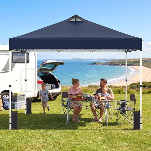 Tangkula 10 x10 Ft Pop Up Canopy with Center Lock, UPF 50+ One-Button Setup Outdoor Canopy Tent with Roller Bag, 4 Sand Bags, Heavy-Duty Steel Frame, 8 Stakes, 4 Ropes for Camping, Picnic - color: Blue