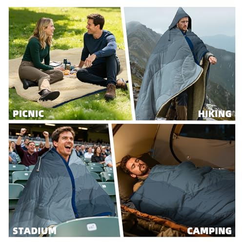 Outdoor Camping Blanket with Sherpa Lining, Extra Warm Thick Camp Blankets and Puffy Ultralight Soft Poncho DWR Camping Quilt for Cold Weather, Adventure, Sleeping, Backpacking 78"x 56" - color: Hooded - Blue Cloud Valley, size: 78 x 56 inches