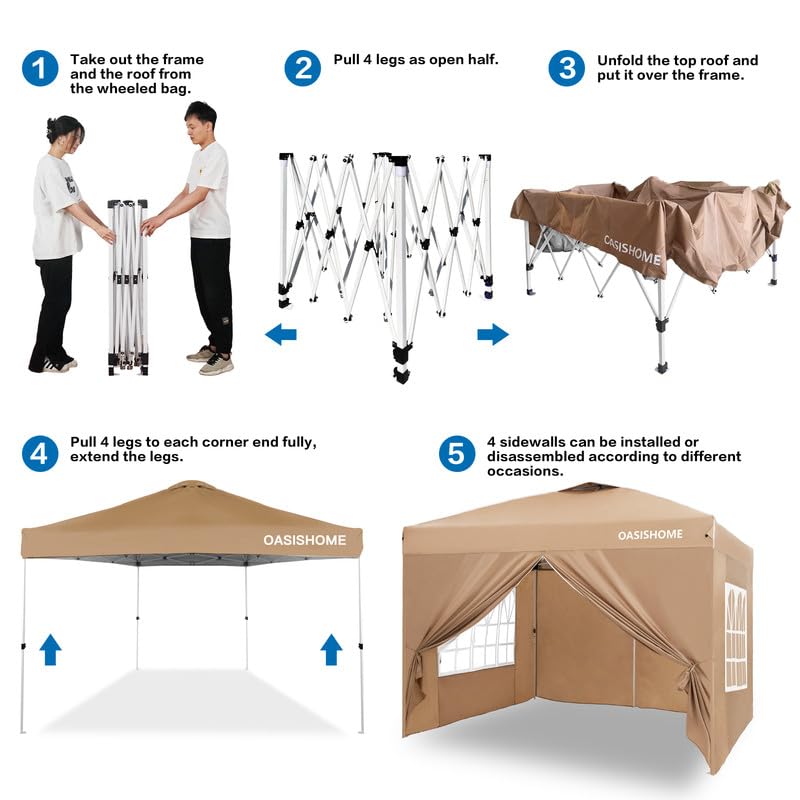 OASISHOME Pop-up Gazebo Instant Portable Canopy Tent 10'x10', with 4 Sidewalls, Windows, Wheeled Bag, for Patio/Outdoor/Wedding Parties and Events (10FTx10FT, Khaki) - color: Khaki