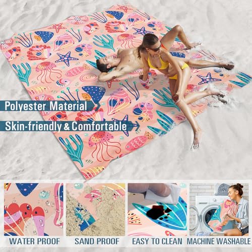 Famstar Beach Blanket Sandproof Waterproof 78''×81''1-5Adults Oversized,Compact Lightweight Durable Beach Mat for Travel Camping Hiking Picnic Blanket - color: Pink Ocean, size: 78''×81''