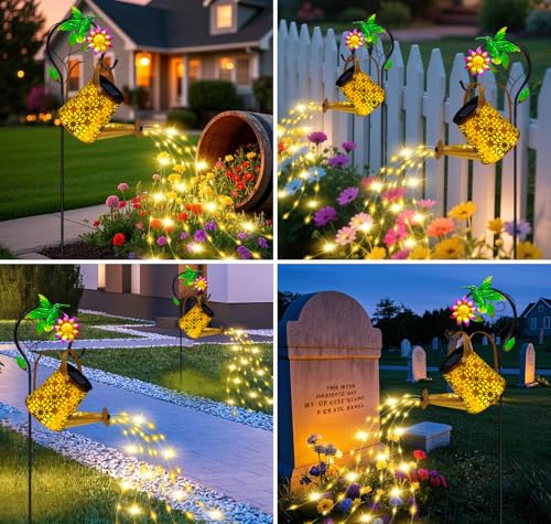 Solar Metal Watering Can with Hummingbird Shepherd Hook and Cascading Lights, Outdoor Solar Lantern for Garden, Yard, Patio Decor and Gardening Gifts for Women Mother's Day - color: Hummingbird, size: 1 Pack