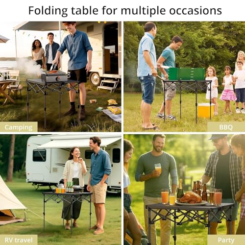 Anbte Camping Table Foldable, 2 Height Max 27.5" Aluminum Roll up Camping Table with Carry Bag & Heat-Resistant Tabletop, Lightweight, for Indoor Outdoor RV BBQ Picnic Patio Beach, 26" x 23", Black - size: 67 x 58 x [44/70] cm