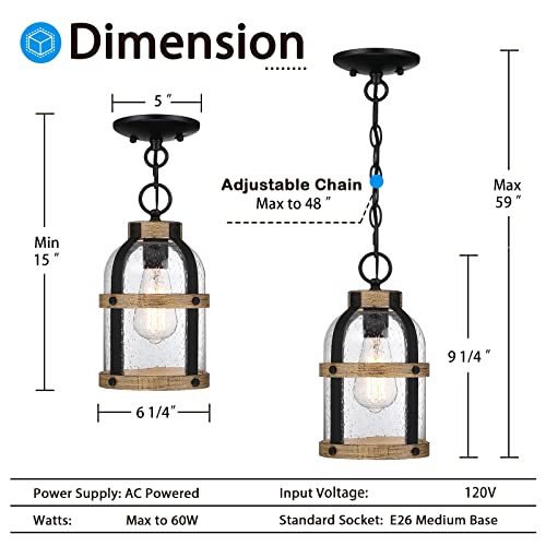 Outdoor Pendant Light for Porch,Modern Exterior Hanging Lantern with Adjustable Chain, in Black and Wood Grain Finish with Seeded Glass for Front Door,Entryway,Farmhouse (Wood Grain) - color: Wood Grain
