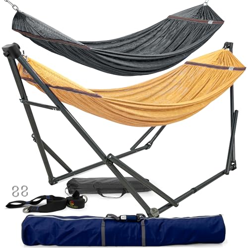Tranquillo Combo x2 Hammocks with Stand for Outside & Tree Straps, Heavy Duty Hammock with Stand 600lbs for Indoor Outdoor Patio Backyard, x2 Hammocks for 2 Person (Combo - Yellow, Medium) - color: Combo - Yellow