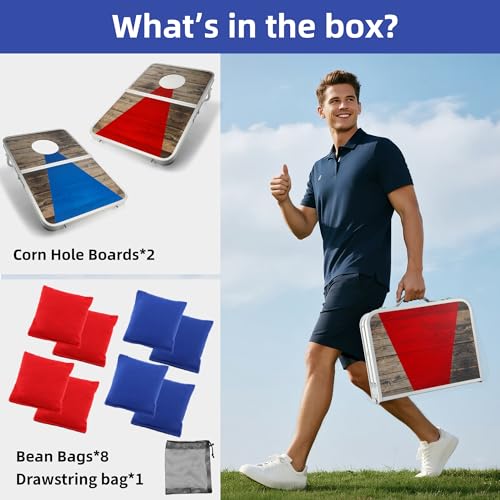 Portable Cornhole Board Set with Aluminum Alloy Edging,2x1.3ft Foldable Corn Hole Games for Adults and Family with 8 Bean Bags for Outdoor Backyard Travel Tailgate Camping - color: Red and Blue