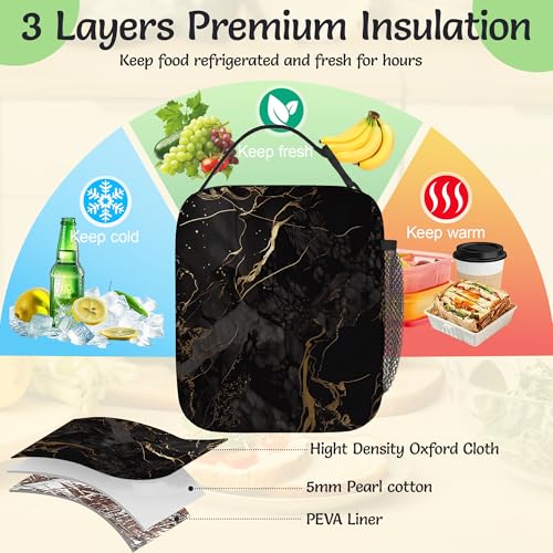 Black Gold Marble Reusable Lunch Bag,Modern Abstract Insulated Lunch Box with Side Pockets for Girls Boys Women Portable Thermal Cooler Bag for Teens School,Work,Picnic,Beach - color: Black Gold Marble