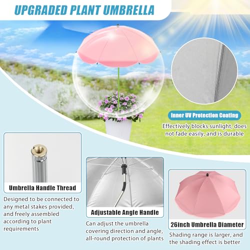 Axcoix 4 Pack Upgraded Plant Umbrellas for Outdoor Plants, 26" Larger Garden Plant Umbrella Shade with Adjustable Angle, 43.4" Higher Sun Shade for Plants, Potted Plant, Garden Beds - color: 4 Pack-1Pink 1Blue 1Green 1Orange