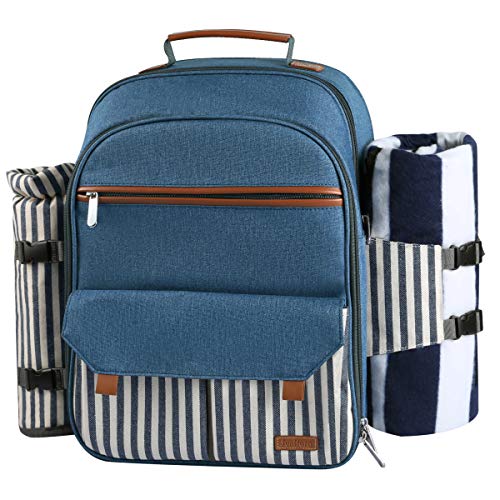 Sunflora Picnic Backpack for 4 Person Set Pack with Insulated Waterproof Pouch for Family Outdoor Camping(Blue & Stripe) - color: Blue & Stripe, size: 4 person