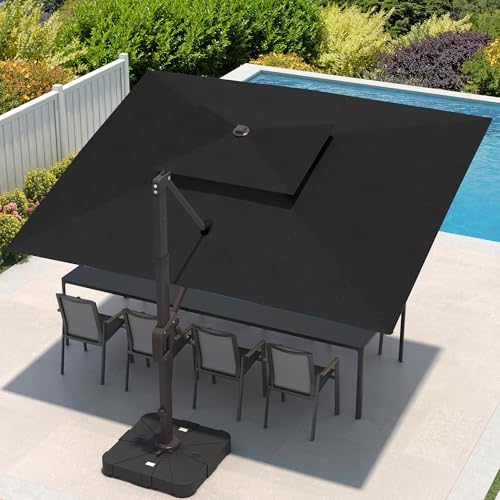 9x12 FT Cantilever Patio Umbrella with Led Lights Double Top Outdoor Rectangular Large Heavy Duty Aluminum Offset Umbrellas with 7 Level Tilt 360-degree Rotation for Pool Garden Deck, Black - color: Black, size: 9' X 12'-with Light