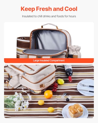 VEVOR Picnic Backpack, Beach Picnic Backpack Bag for 4 Person with Insulated Cooler Compartment, Detachable Bottle/Wine Holder, Lightweight Blanket, Plates & Cutlery Set for Outdoor, Hiking, Camping - size: single layer for 4 & gray