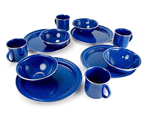 GSI Outdoors Pioneer Enamel 12 Pieces (4-Person) Dish Set I Enamelware Dishes Including Plates, Bowls and Mugs for Camping, Outdoors, RV, Camp, Blue - color: Blue