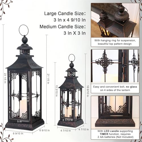 LED Lanterns Decorative Outdoor&Indoor, 23'' 16‘’ Large Black Lanterns Set with 2 Flameless Candles, Metal Holders for Porch, Patio, Garden, Home, Fireplace, Christmas Decorations Decor - color: 23‘’ + 15‘’ / Timer