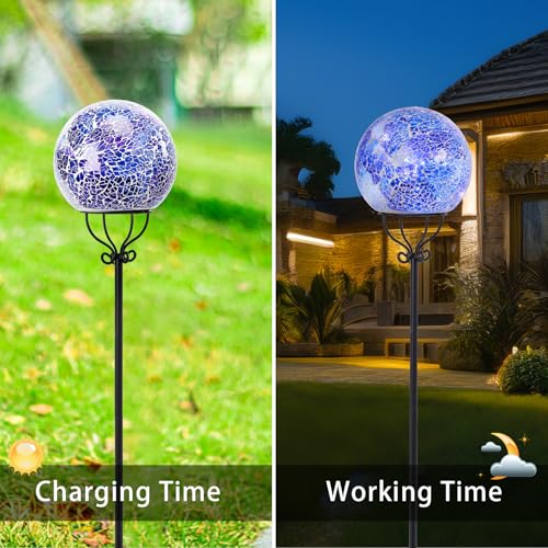 VCUTEKA Solar Outdoor Lights Garden Decor Mosaic Solar Garden Lights Waterproof Glass Ball LED Pathway Stake Light for Landscape Lawn Patio Yard Decoration 6 inch, Blue - color: Blue