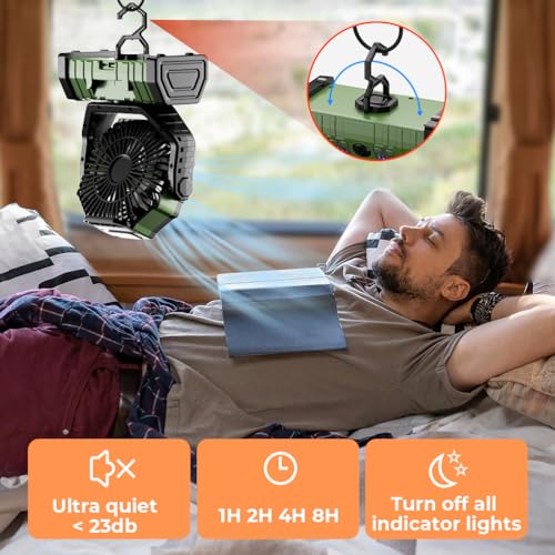Camping Fan - 20000mAh Battery Powered Fan Rechargeable with LED Lantern - Portable Outdoor Tent Fans with Hanging Hook 4 Speeds Wind Remote Control, Green - color: Green